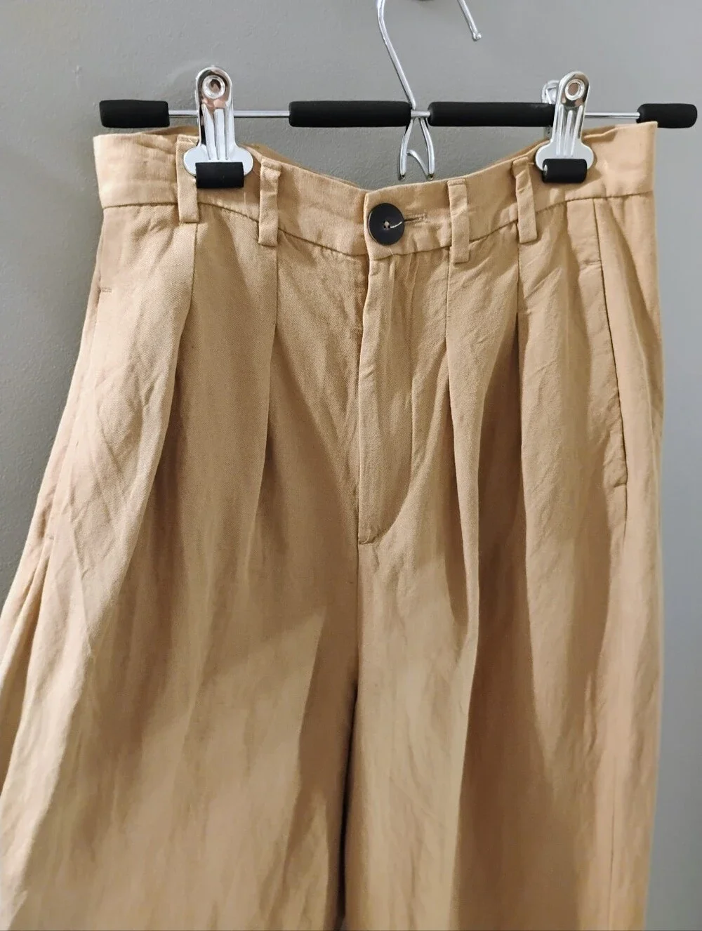 Women's ZARA Sz XS Tan Gold High Rise Pleated Wide Leg Linen Blend Pant